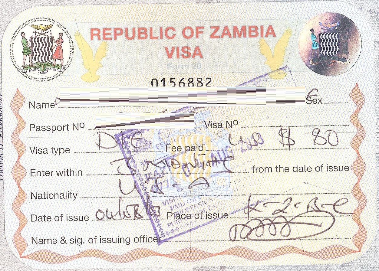 Zambia visa 2x2 inches (from USA)